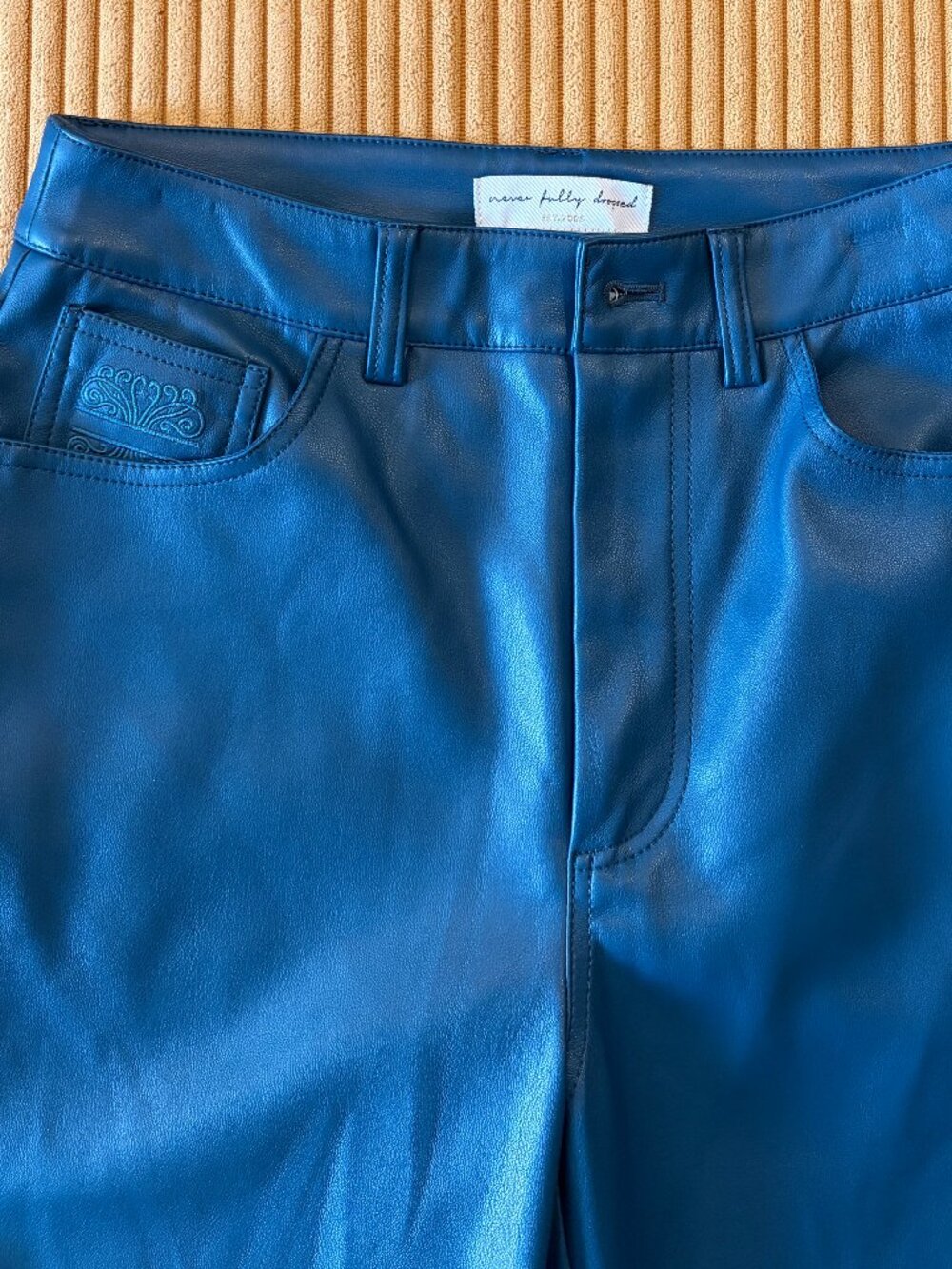 Never Fully Dressed Blue Faux Leather Trousers Pants US 2 / UK 6
